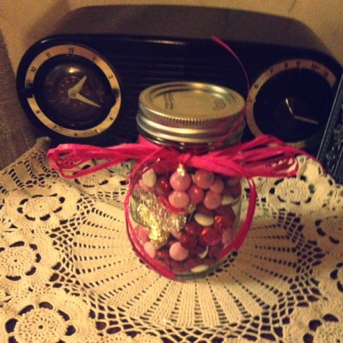 Mason Jar filled with Valentine Goodies